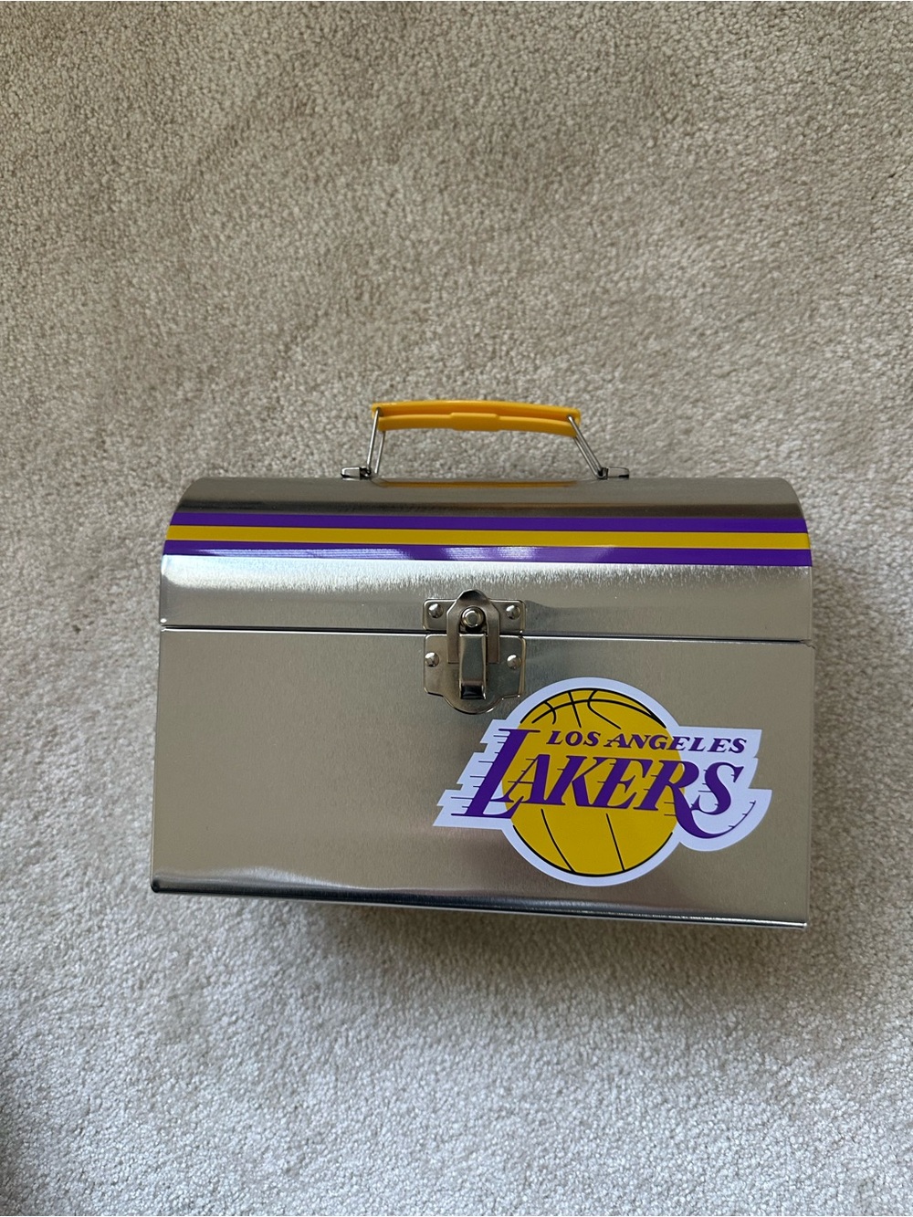 Los Angeles Lakers Silver Metal Lunchbox with Purple and Gold Accents